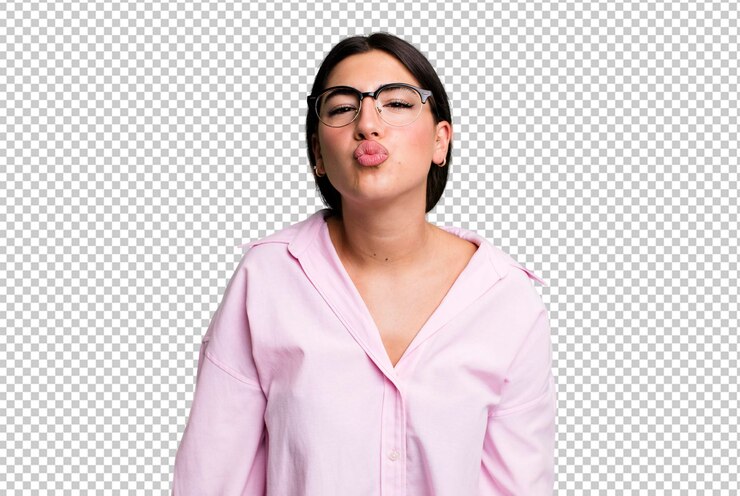 PSD presionando los labios junto con una linda expresión feliz y divertida enviando un beso