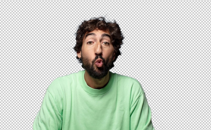 PSD presionando los labios junto con una linda expresión feliz y divertida enviando un beso