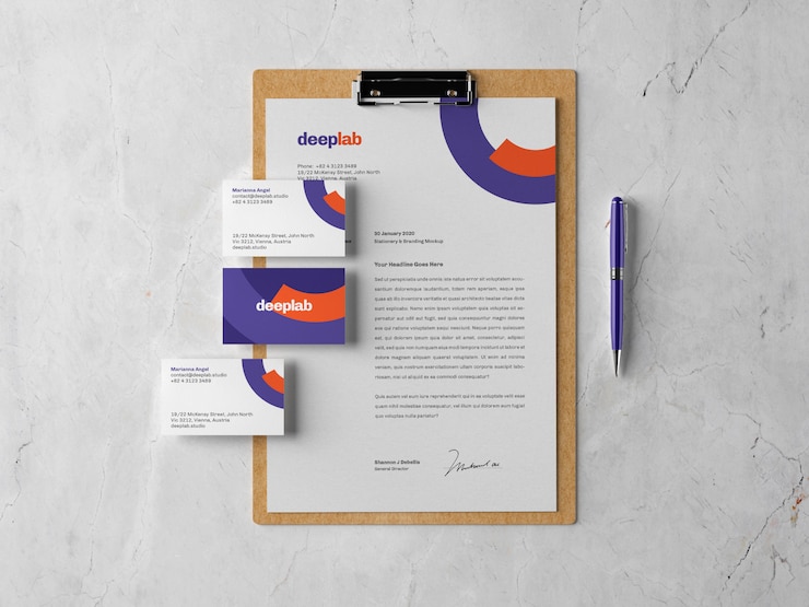 PSD presse-papiers avec document, cartes de visite et stylo