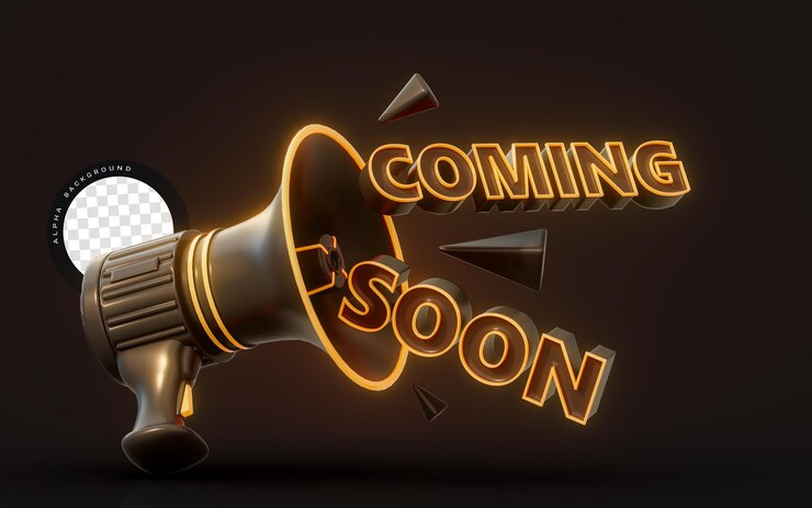 Presto annuncio con megafono neon luce luminosa 3D render concetto per l'attesa di grande