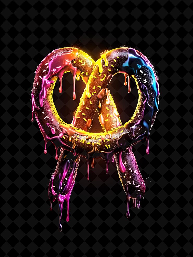 PSD pretzel cubierto de chocolate iluminado hecho con color de neón p fragmentado comida bebida colección y2k