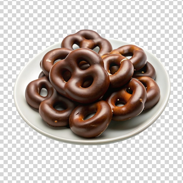 Pretzels cubiertos de chocolate en un plato blanco en blanco aislado en un fondo transparente