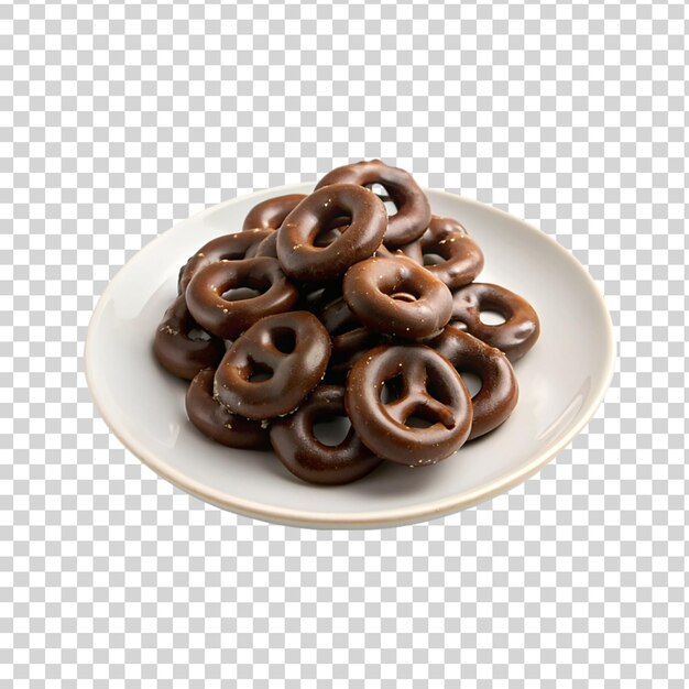 PSD pretzels recouverts de chocolat sur plaque blanche sur blanc isolé sur fond transparent