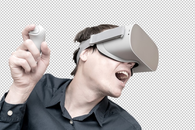Pria muda mengenakan kacamata virtual reality. Inovasi dan kemajuan teknologi. Teknologi modern untuk bisnis.