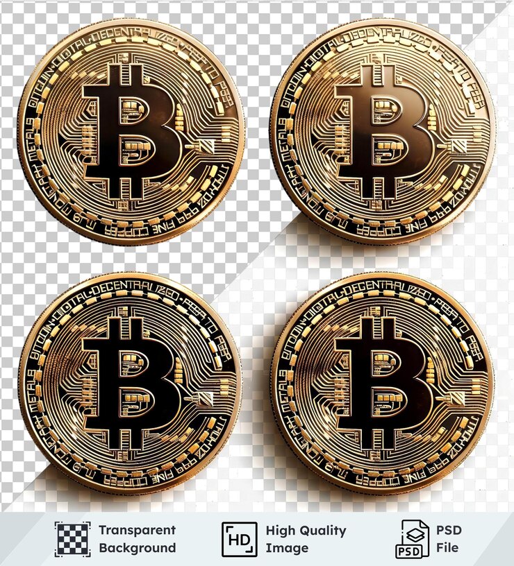 PSD prima de bitcoins de oro en varios ángulos aislados en un fondo transparente dos monedas de oro