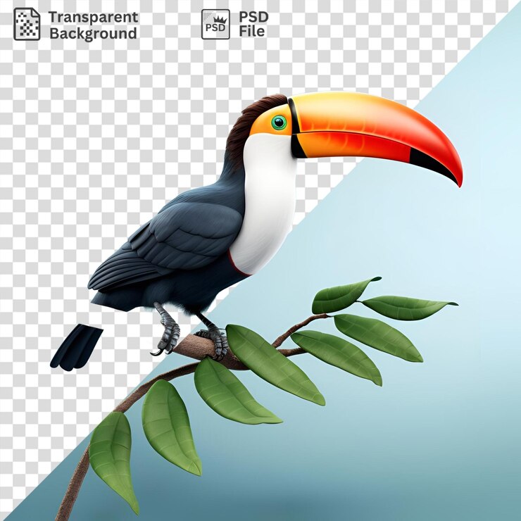 PSD prima de un tucán se posa en la rama de un árbol contra un cielo azul mostrando su vibrante pico naranja, ojos azules y alas grises y negras, su pie negro y gris agarra el