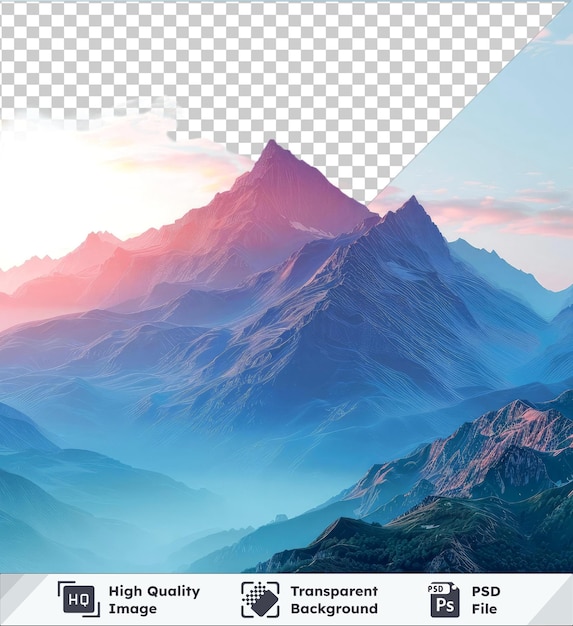 PSD primario amanecer escénico en las altas montañas de los alpes generativo ai con una majestuosa montaña contra un telón de fondo de cielo azul y nubes blancas