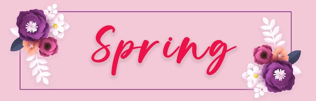Primavera e arte de papel de flores texto de banner