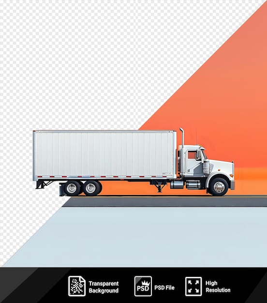 PSD prime d'un camion blanc avec remorque garé sur le côté de la route sous un ciel orange avec une roue noire visible au premier plan png