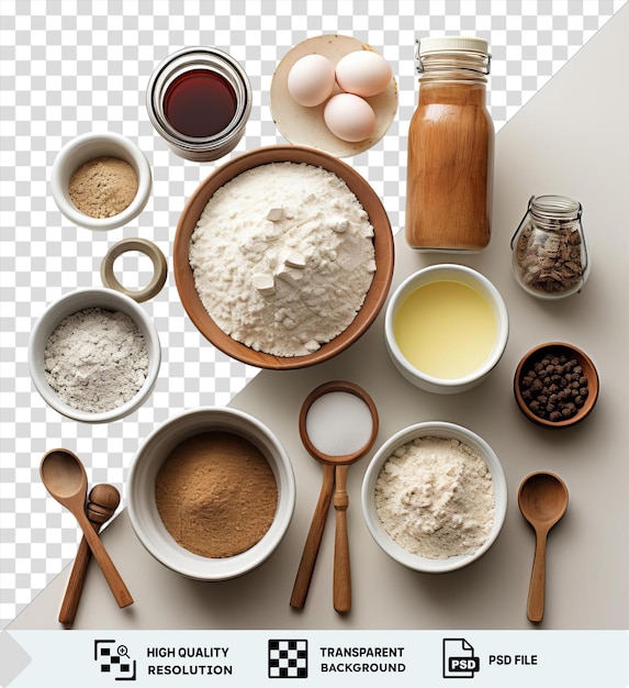 PSD une prime d'ingrédients de cuisson sur un fond transparent comprenant des œufs bruns et blancs, des bols blancs et des cuillères en bois disposés en rangée de gauche à droite