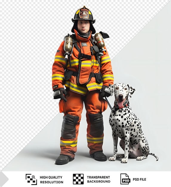 Prime De Pompier Avec Un Chien Dalmatien Isolé Sur Un Fond Transparent Portant Une Veste Orange Casque Noir Et Bottes Noires Avec Un Chien Blanc Et Noir En Arrière-plan