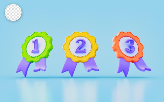 primeira segunda terceira medalha de crachá com conceito de renderização 3d de fita para o prêmio do vencedor da competição