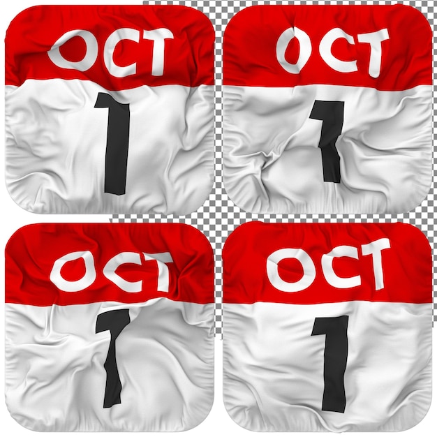 Primer 1 de octubre fecha icono del calendario aislado cuatro estilo ondulado textura de relieve representación 3d