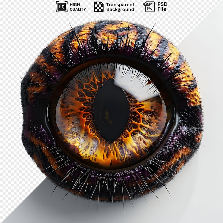 PSD un primer plano 3d de un gran ojo naranja con detalles intrincados y pestañas afiladas aisladas en un fondo transparente