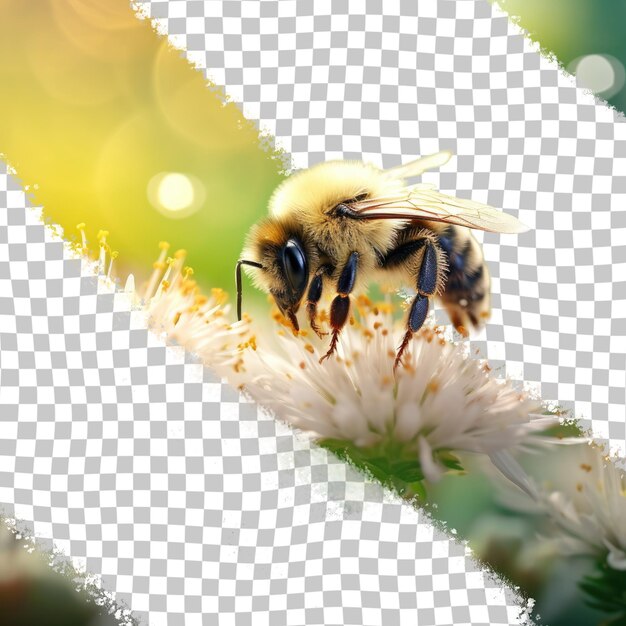 Un primer plano de una abeja polinizando una planta en vuelo en un transparente