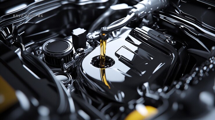 PSD un primer plano del aceite de motor que se vierte en el motor de un automóvil