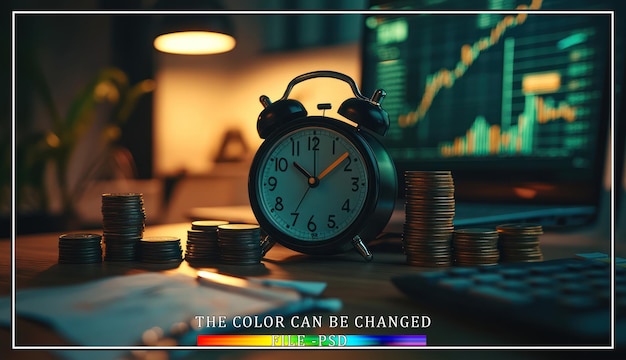 Un primer plano de una alarma, pilas de monedas y una calculadora en un escritorio con una computadora que muestra