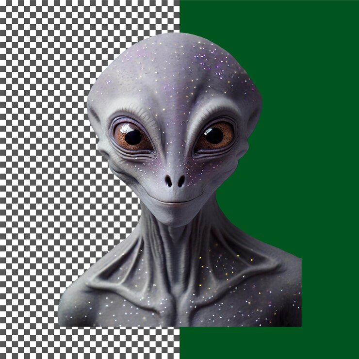 PSD primer plano de un alienígena gris ilustración en 3d de un alién lindo de ojos grandes con características realistas en transpa