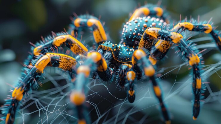 PSD un primer plano de una araña negra y amarilla con un cuerpo iridescente azul sentado en una telaraña