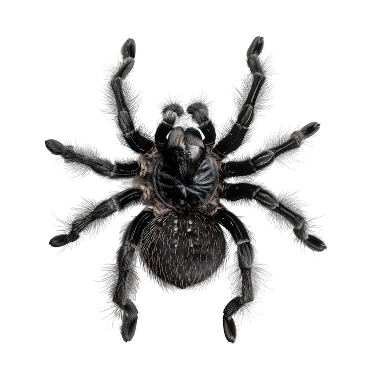 PSD un primer plano de una araña tarántula negra con ocho patas peludas y un abdomen negro brillante