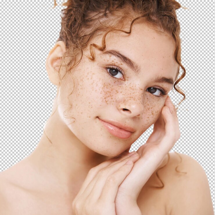 PSD primer plano atractivo desnudo suave mujer pelirroja pecas tocar la piel tiernamente sonriendo cámara aliviado sensualmente logrado condición de piel limpia conducir activo estilo de vida saludable belleza auténtica