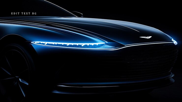 PSD un primer plano de un automóvil de lujo iluminado con faros en la oscuridad
