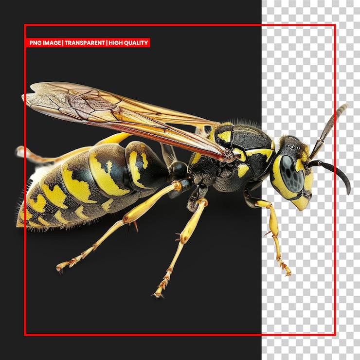 PSD un primer plano de una avispa de chaqueta amarilla con sus alas extendidas