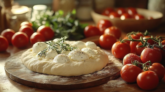Un primer plano de una base de masa de pizza cubierta con bolas de mozzarella, romero y pimienta rodeadas de tomates frescos en una encimera de madera