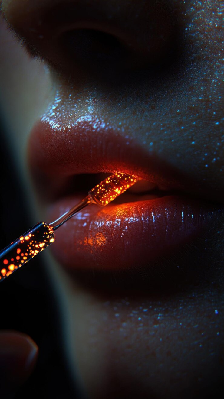 PSD primer plano de la boca de una mujer con brillo brillante en sus labios