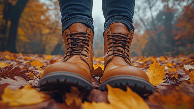 Un primer plano de botas marrones de pie en un lecho de coloridas hojas de otoño en un bosque