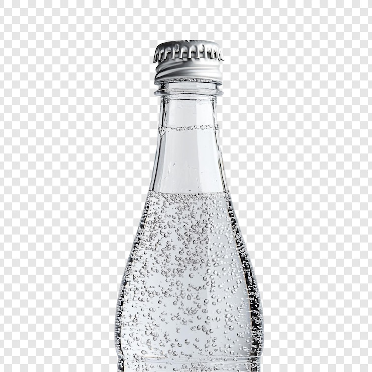 PSD un primer plano de una botella de vidrio llena de agua con gas