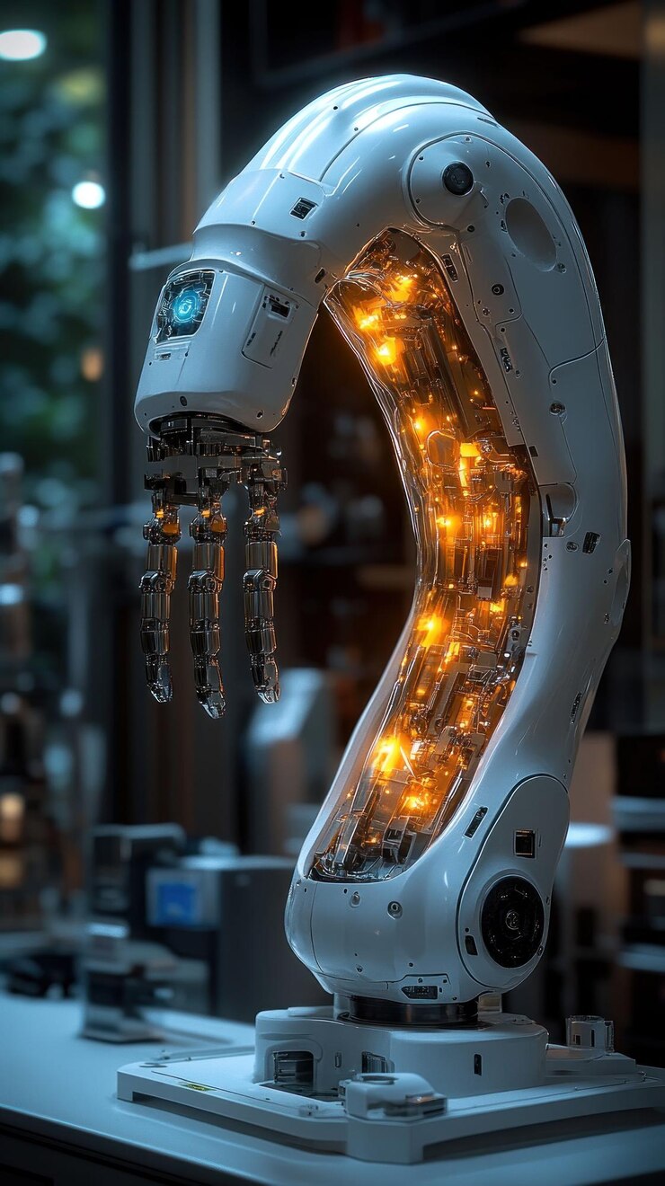 PSD primer plano de un brazo robótico con circuitos internos brillantes que muestran tecnología avanzada y automatización