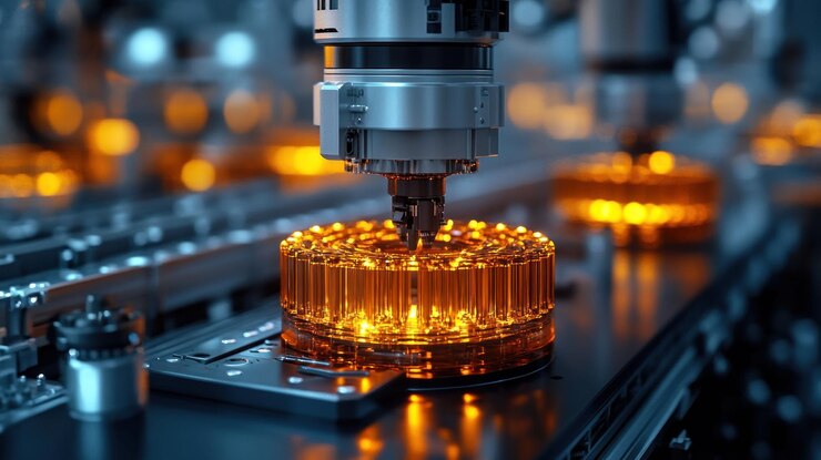 PSD primer plano de un brazo robótico llenando cápsulas con líquido naranja brillante en una moderna fábrica farmacéutica