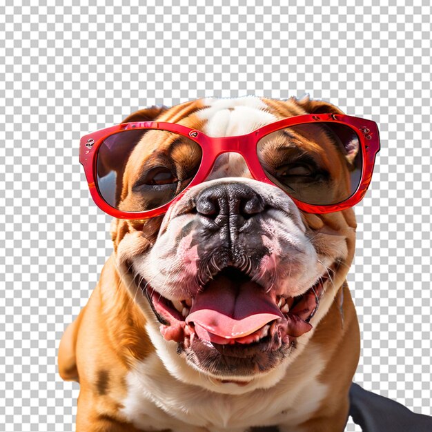 PSD un primer plano de un bulldog inglés feliz con gafas de sol hermoso perro listo para la playa de verano aislado en fondo transparente png