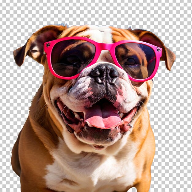 PSD un primer plano de un bulldog inglés feliz con gafas de sol hermoso perro listo para la playa de verano aislado en fondo transparente png