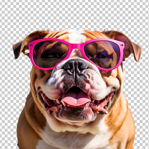 PSD un primer plano de un bulldog inglés feliz con gafas de sol hermoso perro listo para la playa de verano aislado en fondo transparente png