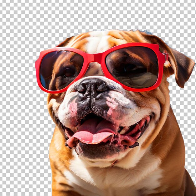 PSD un primer plano de un bulldog inglés feliz con gafas de sol hermoso perro listo para la playa de verano aislado en fondo transparente png