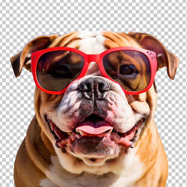 PSD un primer plano de un bulldog inglés feliz con gafas de sol hermoso perro listo para la playa de verano aislado en fondo transparente png