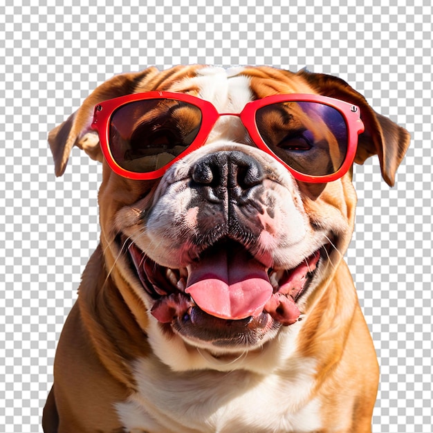 PSD un primer plano de un bulldog inglés feliz con gafas de sol hermoso perro listo para la playa de verano aislado en fondo transparente png