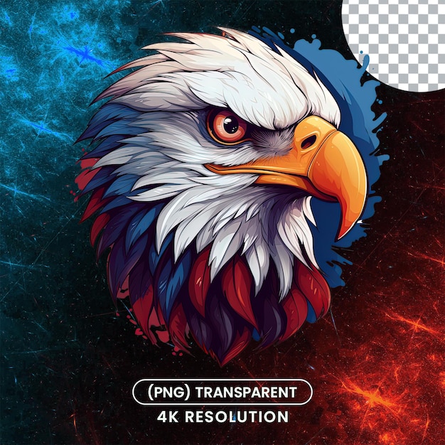 PSD primer plano de la cabeza del águila en tonos rojos y azules sobre un fondo transparente