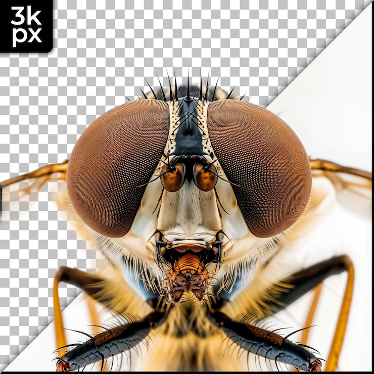PSD primer plano de la cabeza de la mosca con ojos compuestos sobre un fondo transparente