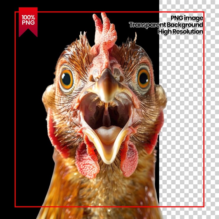 PSD primer plano de una cabeza de pollo con fondo de pico abierto eliminado