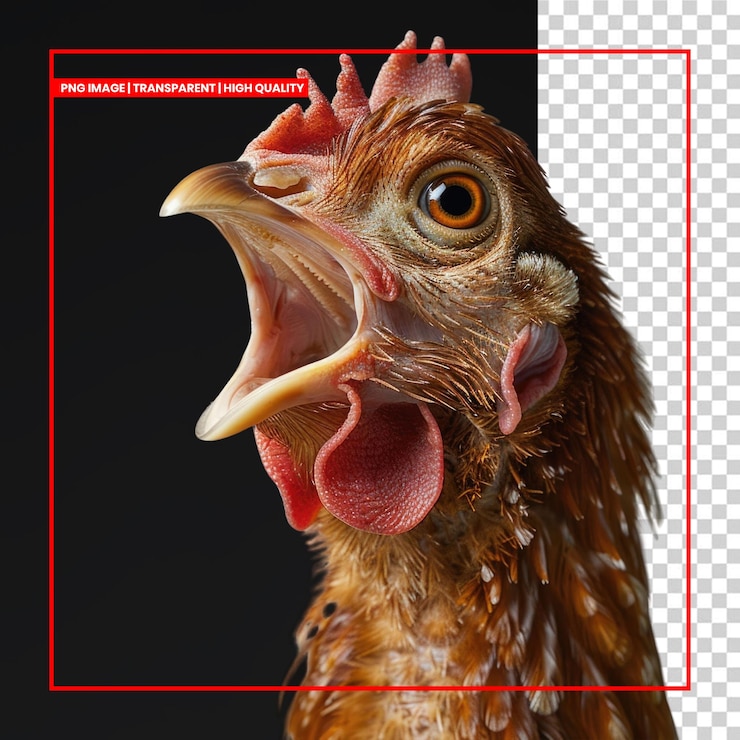 PSD un primer plano de la cabeza de un pollo con su pico abierto y el fondo abierto eliminado