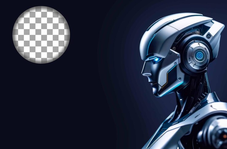 PSD primer plano de la cabeza de un robot con inteligencia artificial aislamiento sobre un fondo transparente