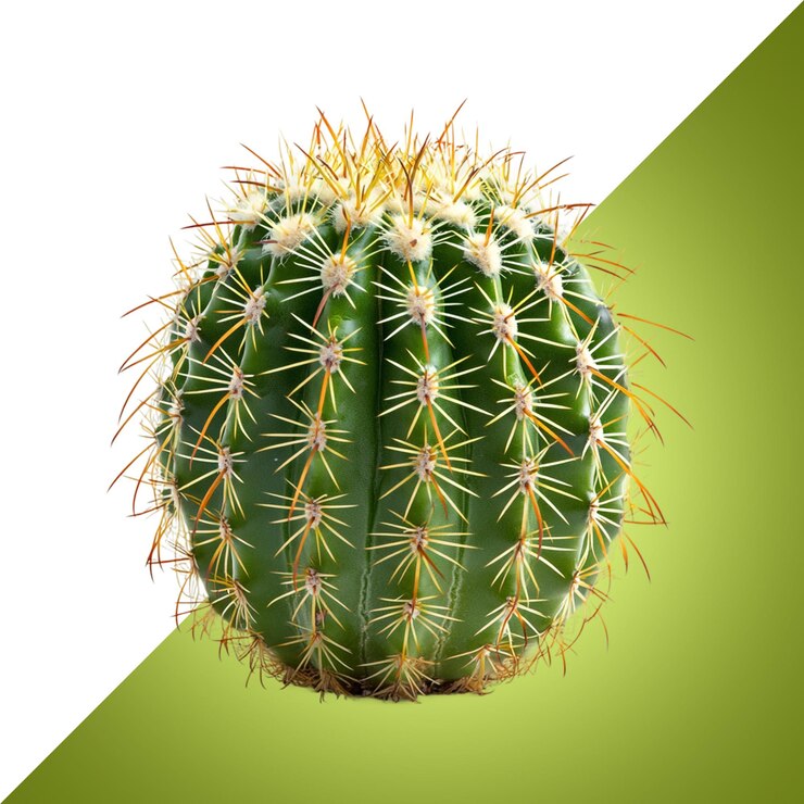 PSD primer plano de un cactus verde redondo con puntas afiladas