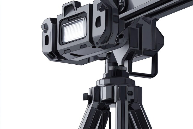 PSD primer plano de una cámara de cine profesional en un trípode aislado en blanco