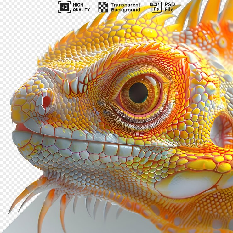 PSD primer plano de la cara de un lagarto amarillo con un intrincado patrón escamoso y un ojo naranja brillante renderizado en un estilo 3d y aislado en un fondo transparente
