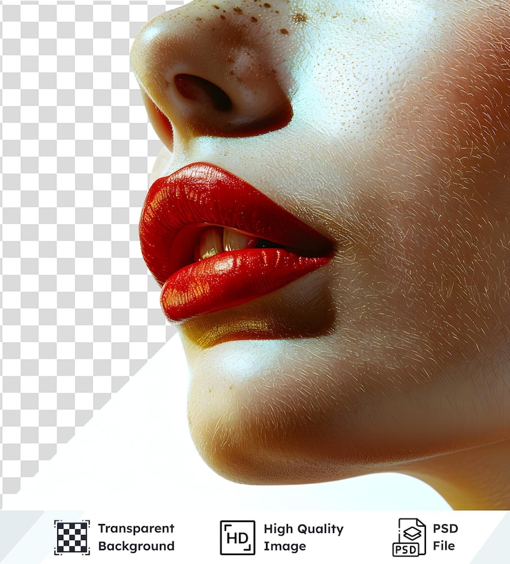 PSD primer plano de la cara de una mujer con labios rojos vibrantes y pecas contra un fondo blanco claro