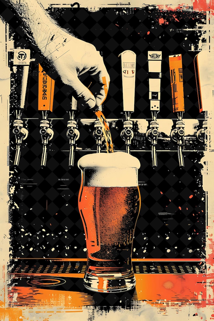 PSD un primer plano de una cerveza espumosa que se vierte en un vaso con una ilustración de la cultura de la cerveza