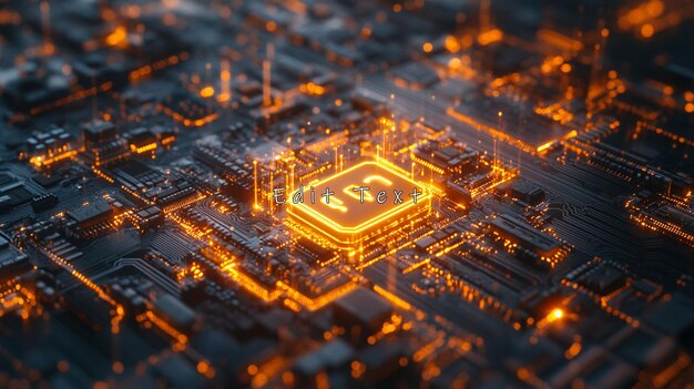 Un primer plano de un chip de CPU en una placa de circuitos que brilla de color naranja